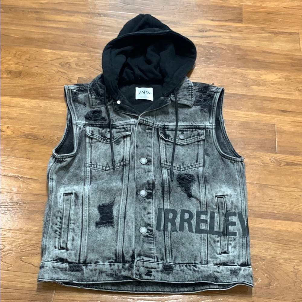 Zara Washed Denim Hooded Vest